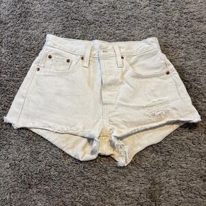 Levi's 501 Shorts Women's Size 24 White Denim Button Fly Raw Hem High‎ Rise
